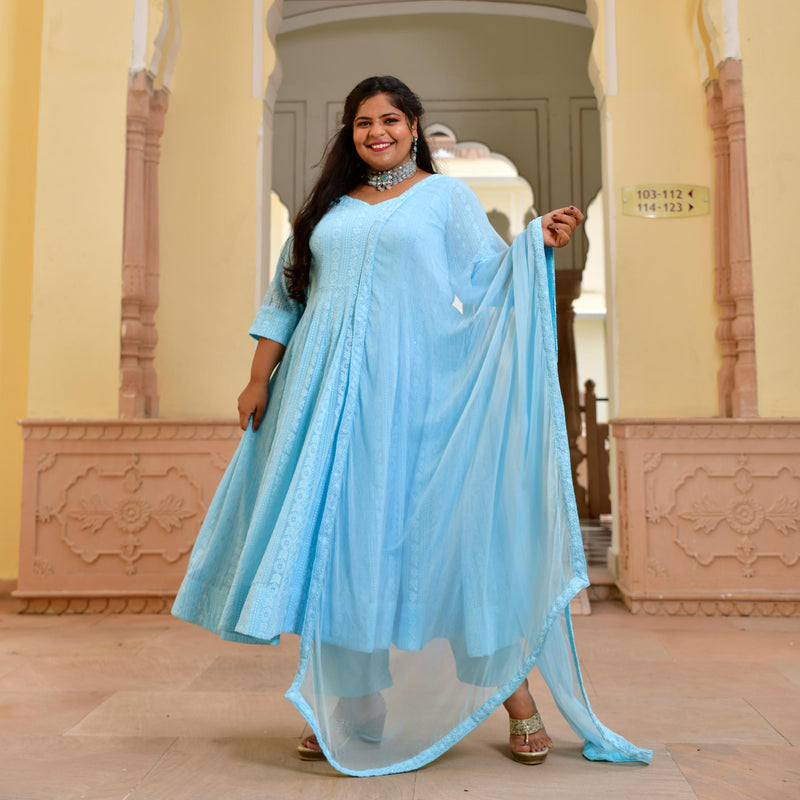 Day Sky Blue Chikan Anarkali