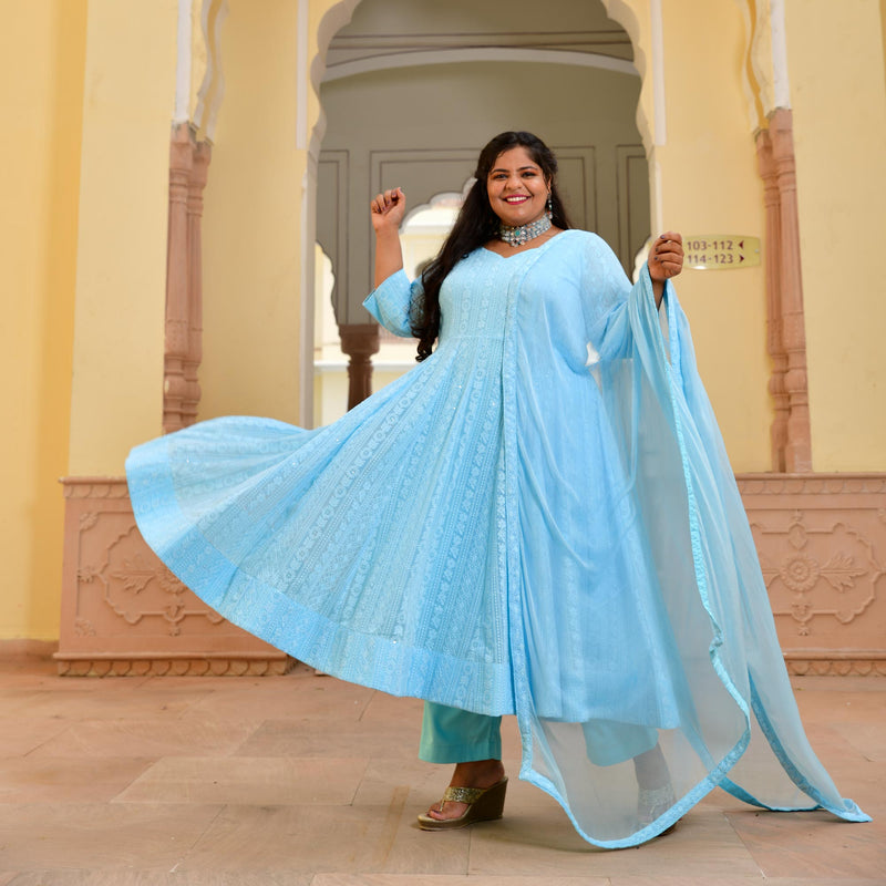 Day Sky Blue Chikan Anarkali