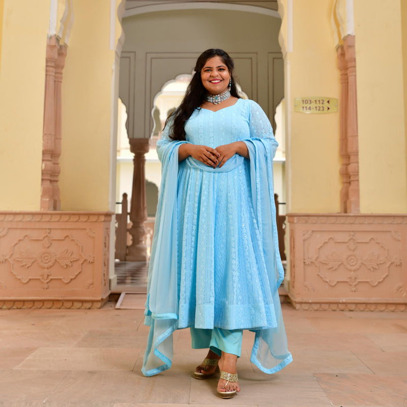 Day Sky Blue Chikan Anarkali