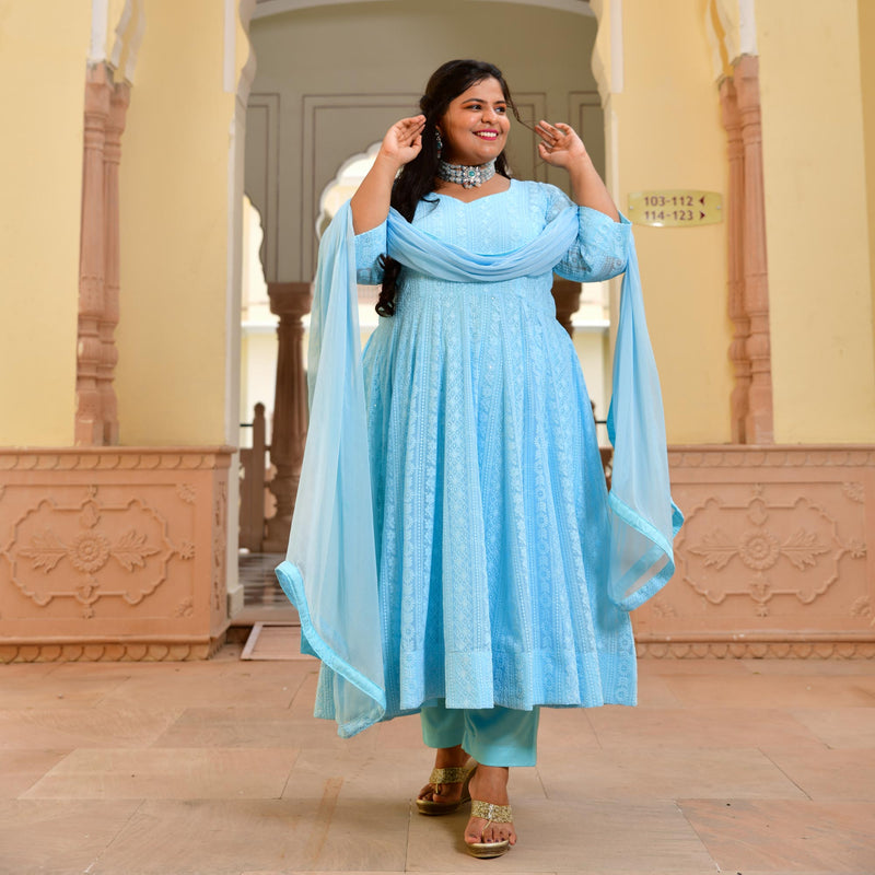 Day Sky Blue Chikan Anarkali