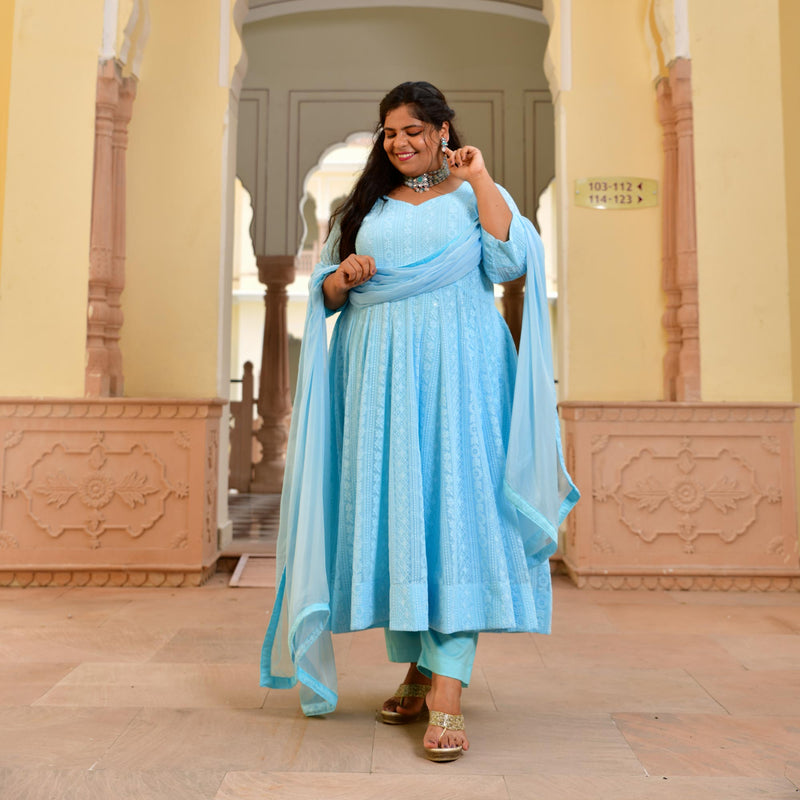 Day Sky Blue Chikan Anarkali
