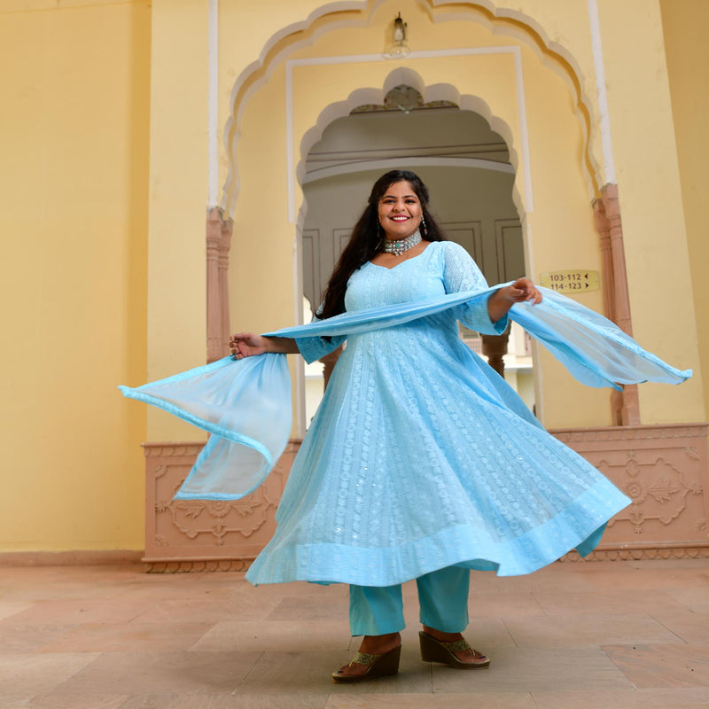 Day Sky Blue Chikan Anarkali