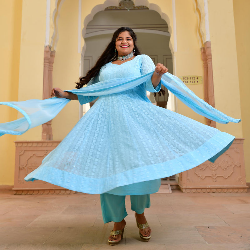 Day Sky Blue Chikan Anarkali