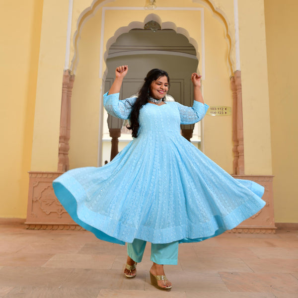 Day Sky Blue Chikan Anarkali