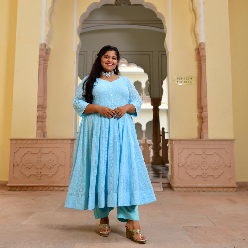 Day Sky Blue Chikan Anarkali