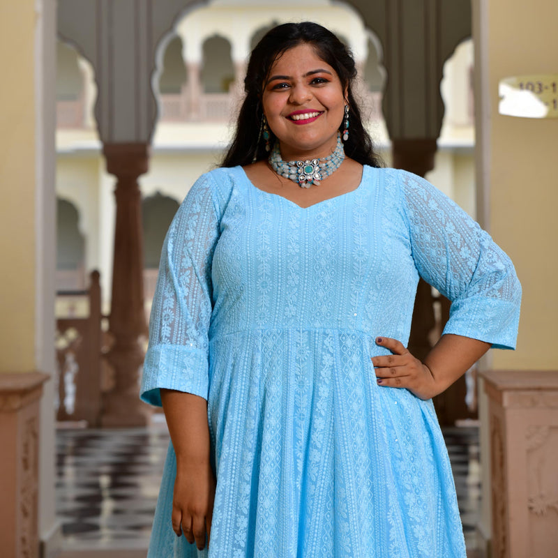 Day Sky Blue Chikan Anarkali