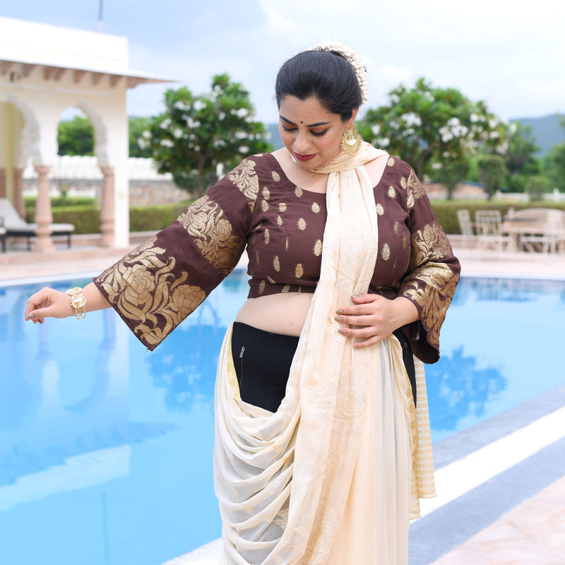 Gold Leaves in Chocolate Banarasi Blouse