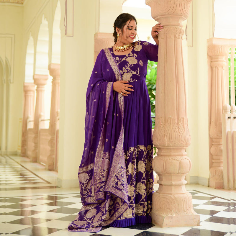 Grape Purple Banarasi Anarkali Dress
