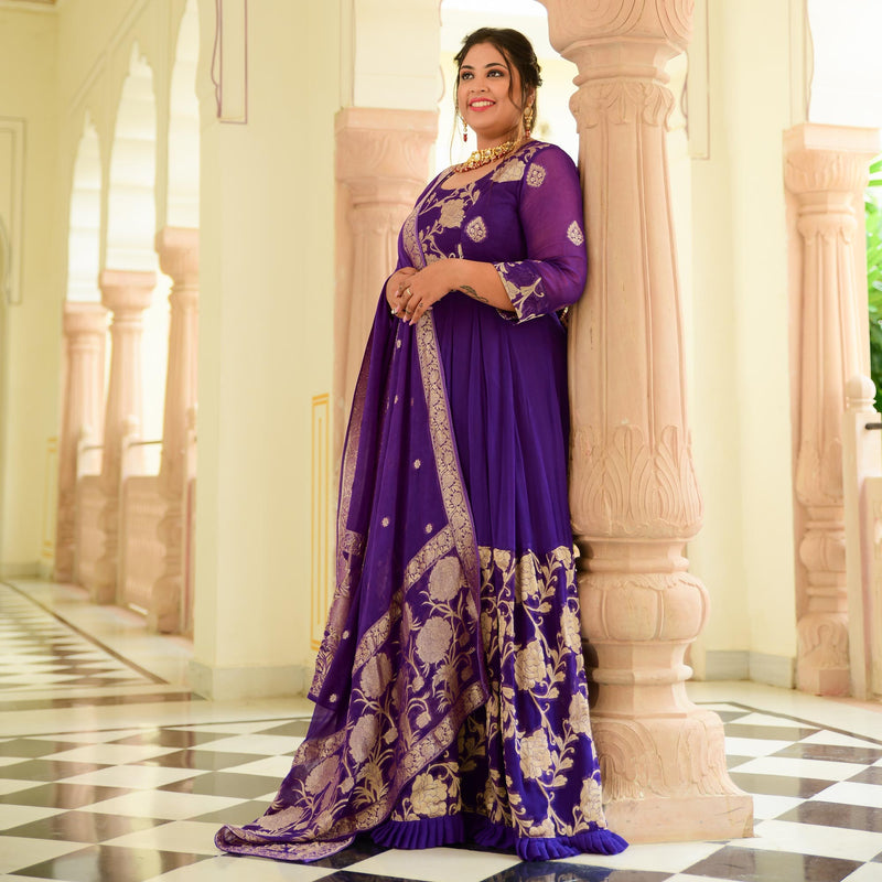 Grape Purple Banarasi Anarkali Dress