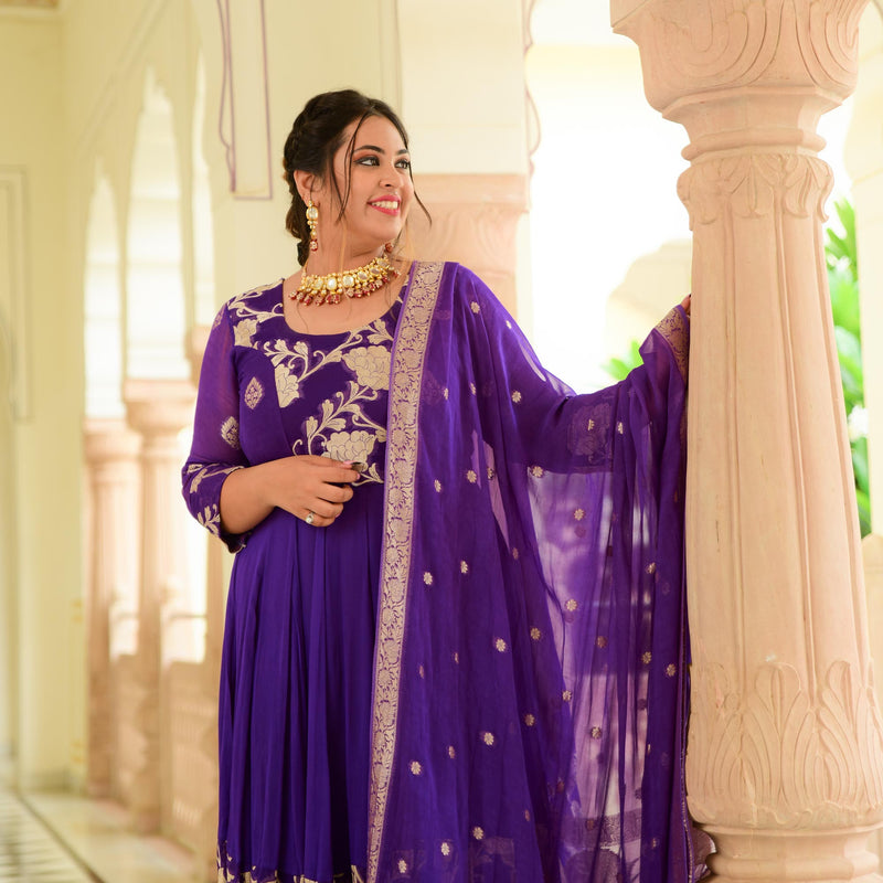 Grape Purple Banarasi Anarkali Dress