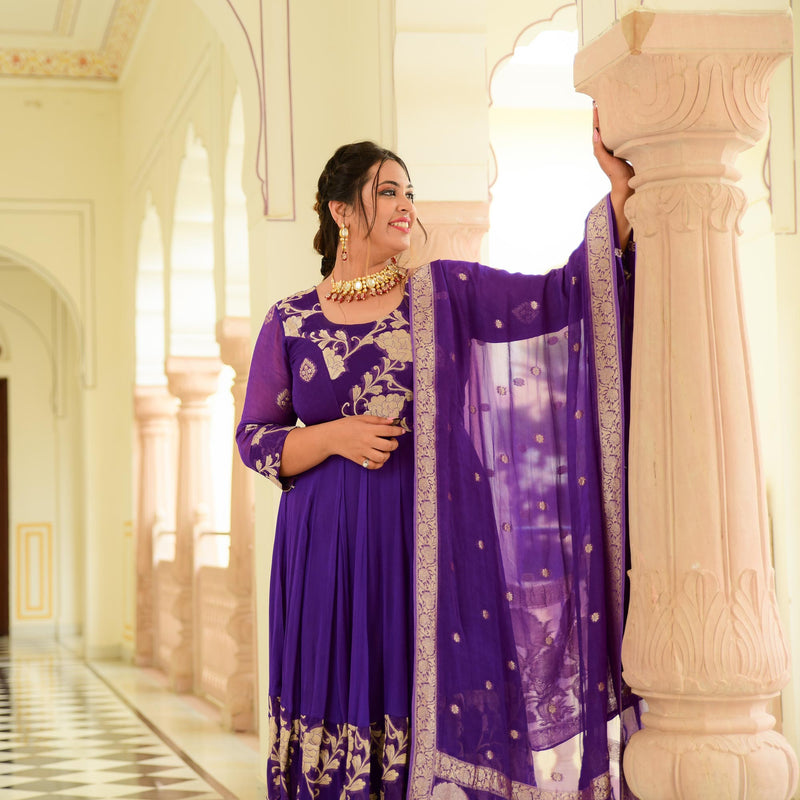 Grape Purple Banarasi Anarkali Dress