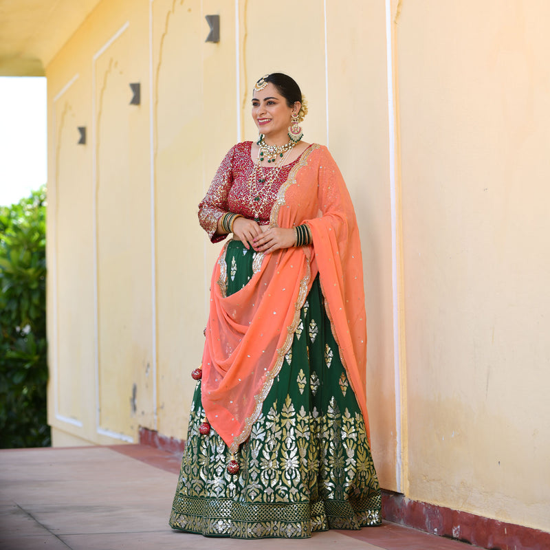 Dark Green & Raspberry Royal Sequin embroidered Lehenga set