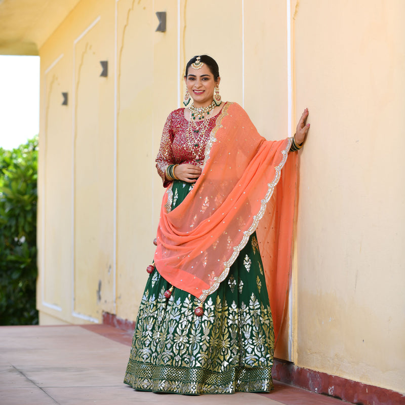 Dark Green & Raspberry Royal Sequin embroidered Lehenga set