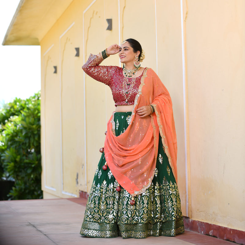 Dark Green & Raspberry Royal Sequin embroidered Lehenga set