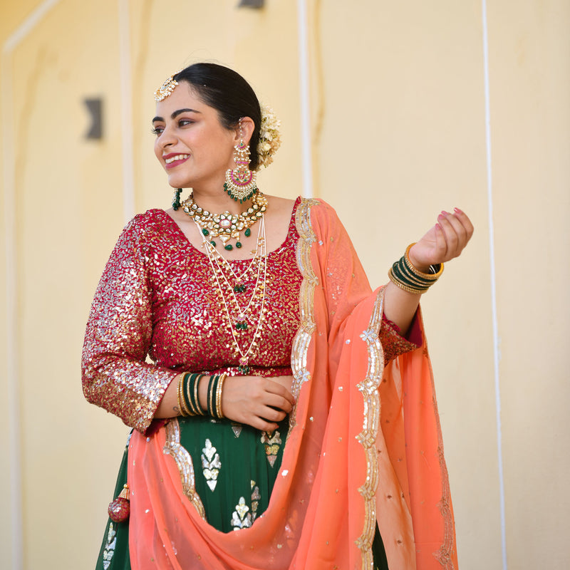 Dark Green & Raspberry Royal Sequin embroidered Lehenga set