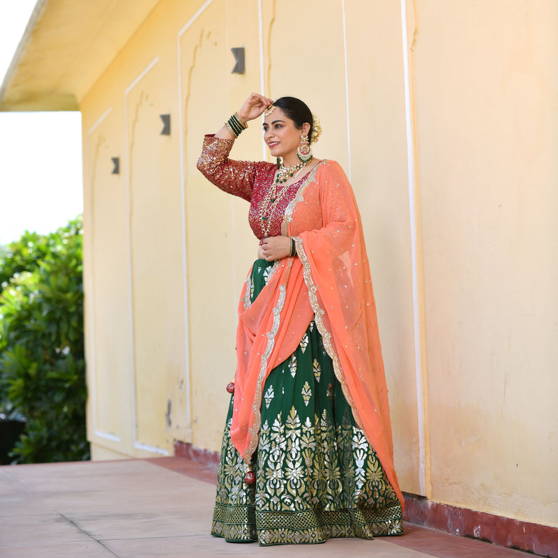 Dark Green & Raspberry Royal Sequin embroidered Lehenga set