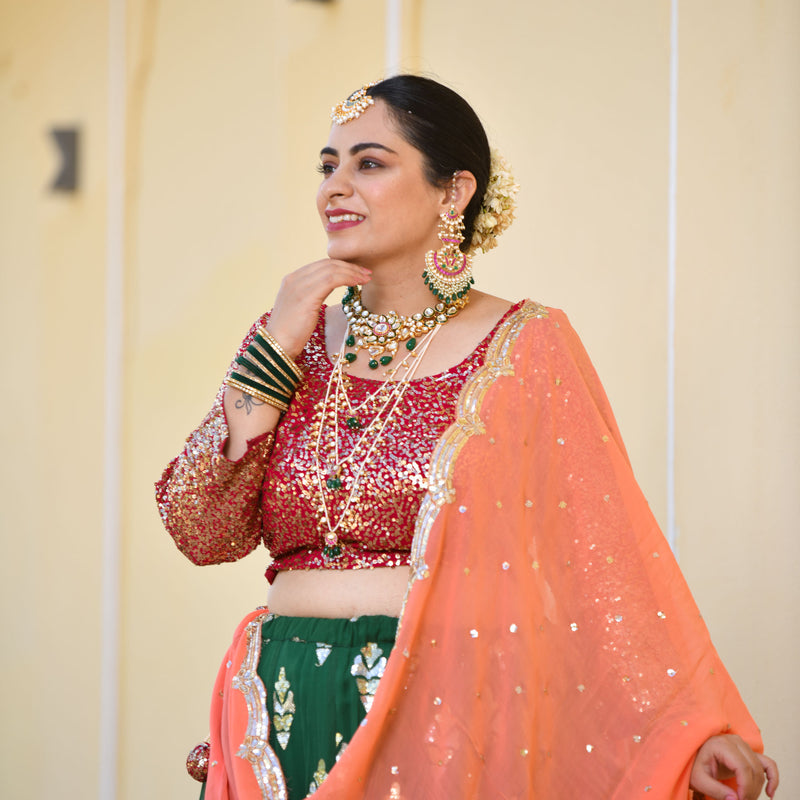 Dark Green & Raspberry Royal Sequin embroidered Lehenga set