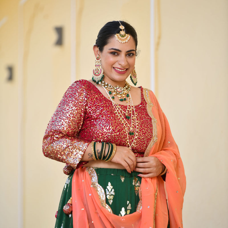Dark Green & Raspberry Royal Sequin embroidered Lehenga set