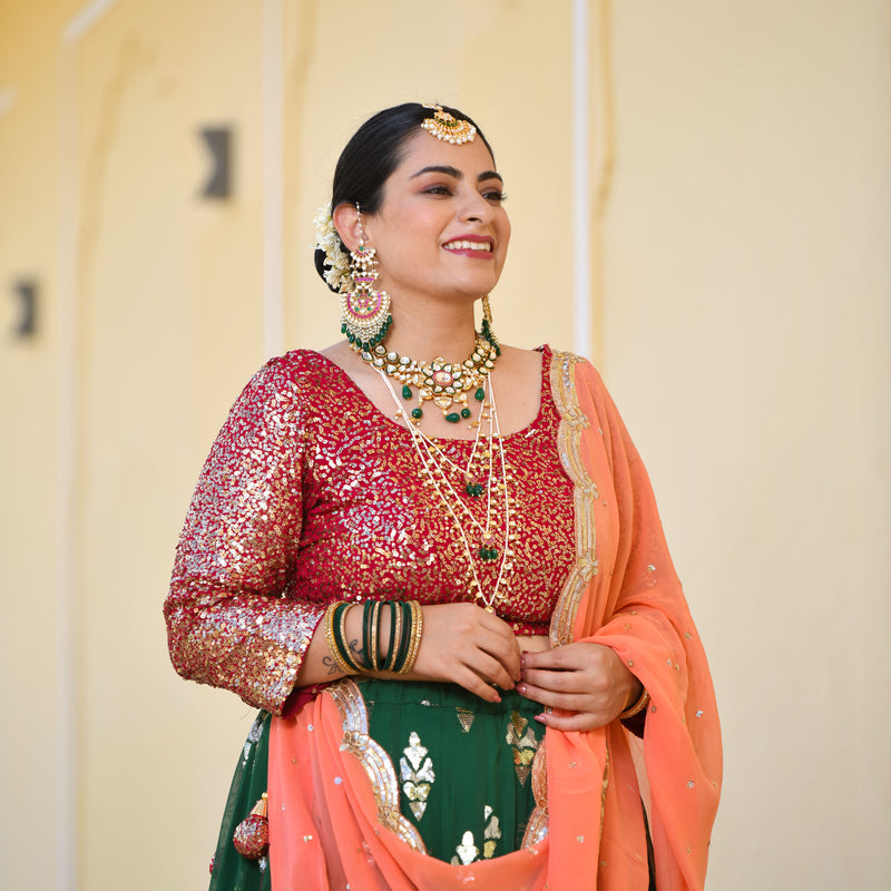 Dark Green & Raspberry Royal Sequin embroidered Lehenga set
