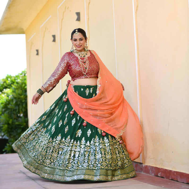 Dark Green & Raspberry Royal Sequin embroidered Lehenga set