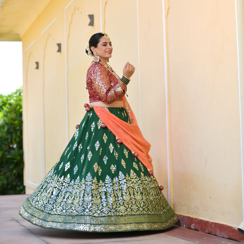 Dark Green & Raspberry Royal Sequin embroidered Lehenga set