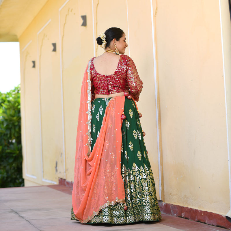 Dark Green & Raspberry Royal Sequin embroidered Lehenga set
