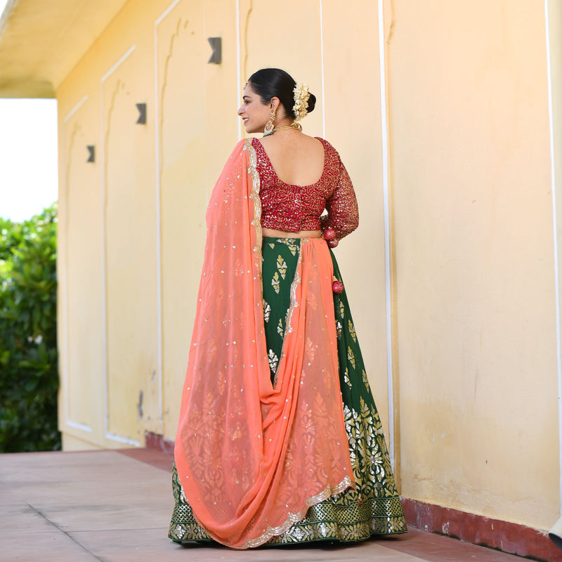 Dark Green & Raspberry Royal Sequin embroidered Lehenga set