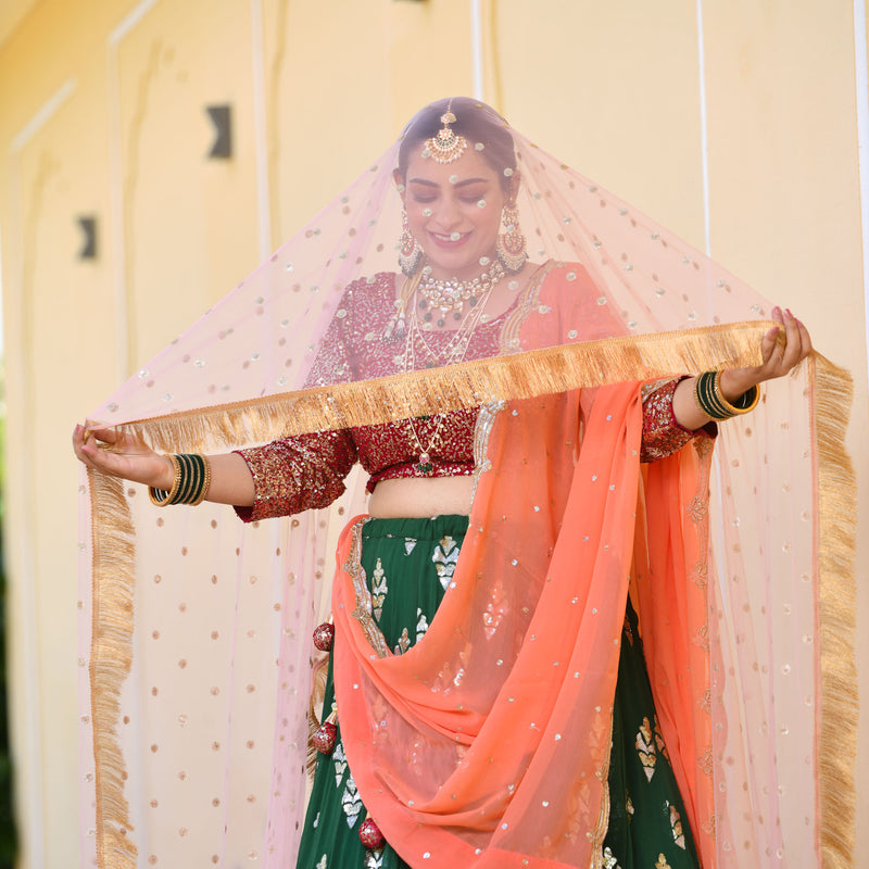 Dark Green & Raspberry Royal Sequin embroidered Lehenga set