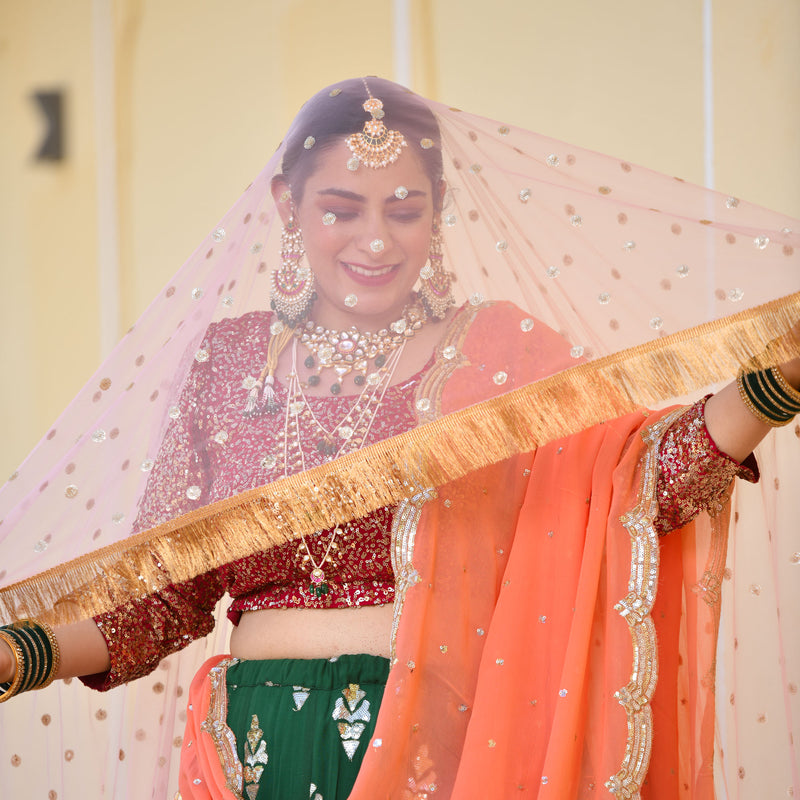 Dark Green & Raspberry Royal Sequin embroidered Lehenga set