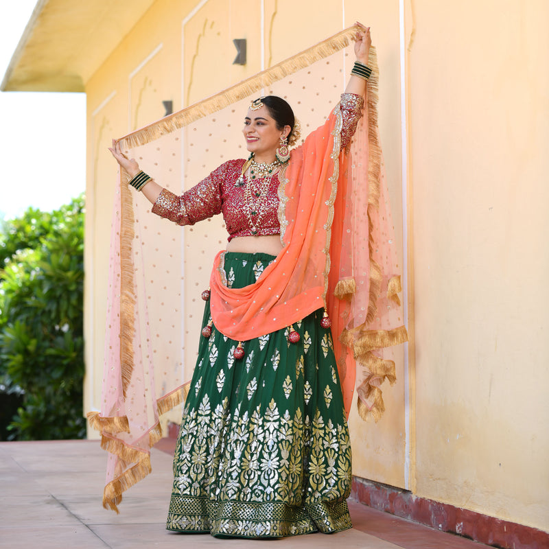 Dark Green & Raspberry Royal Sequin embroidered Lehenga set