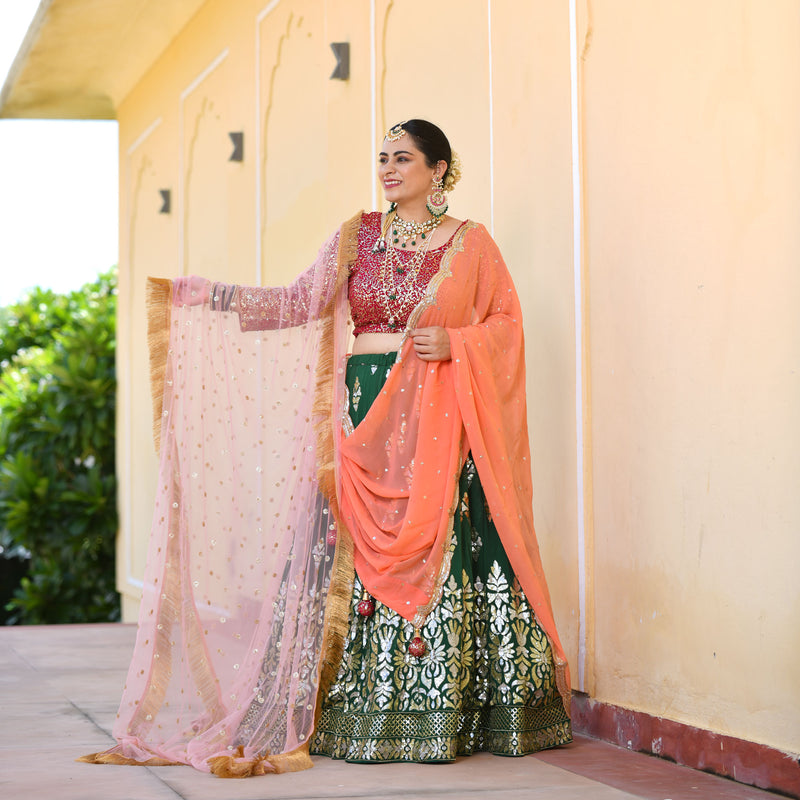 Dark Green & Raspberry Royal Sequin embroidered Lehenga set