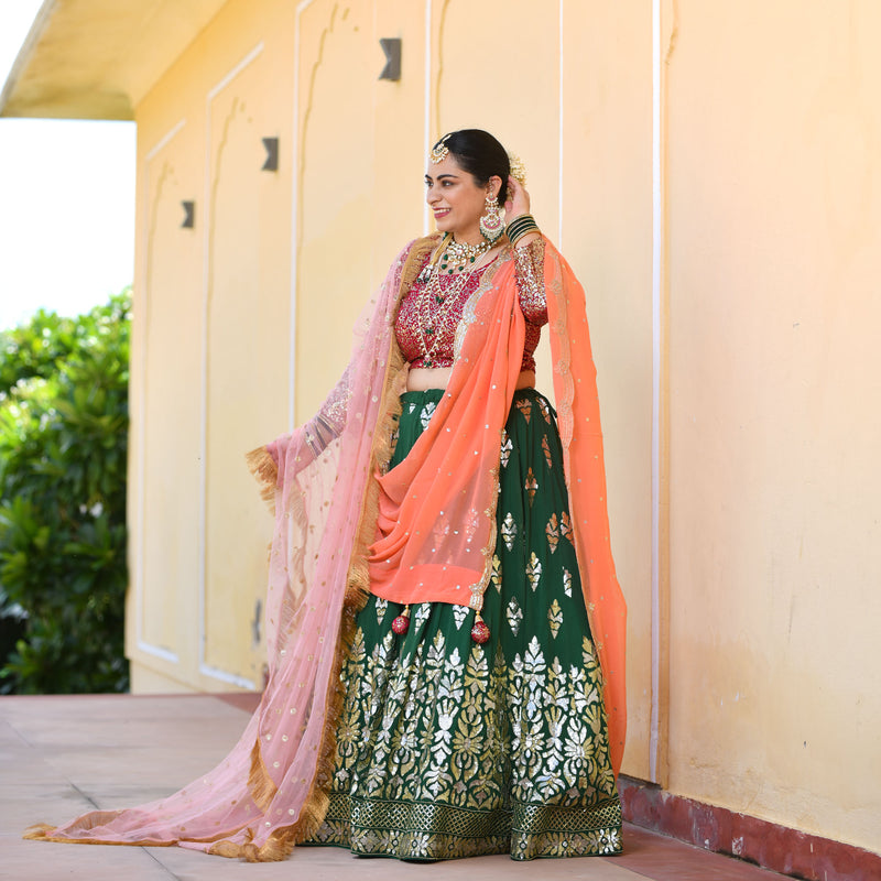Dark Green & Raspberry Royal Sequin embroidered Lehenga set