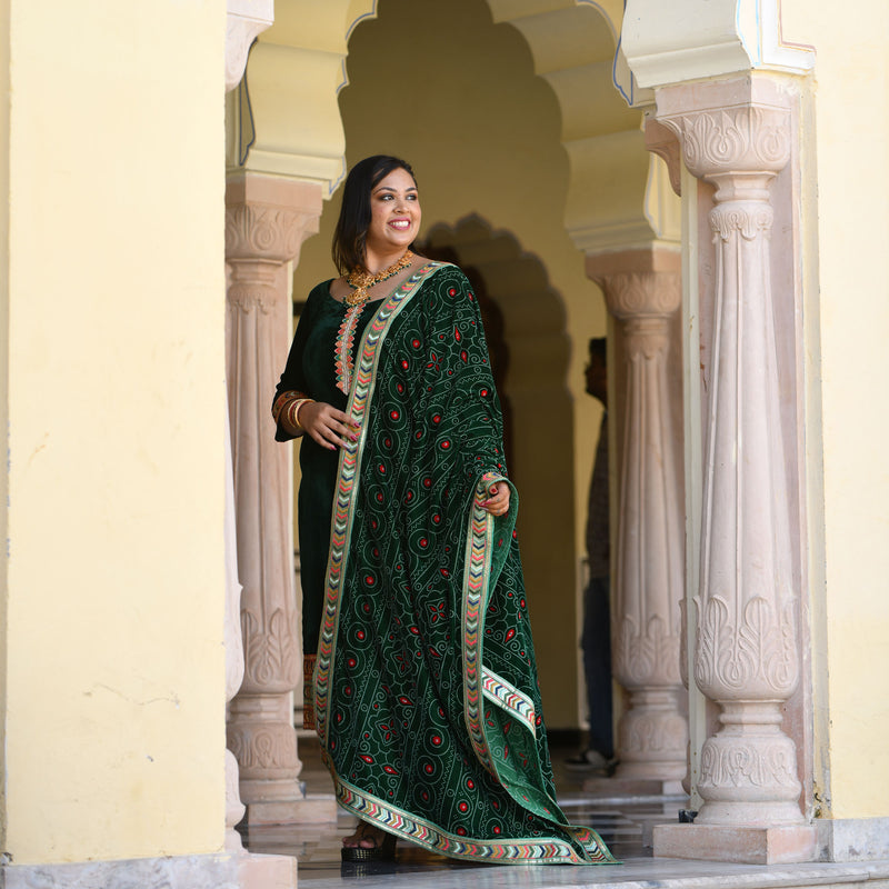 Palm Green Bandhani Velvet Kurta