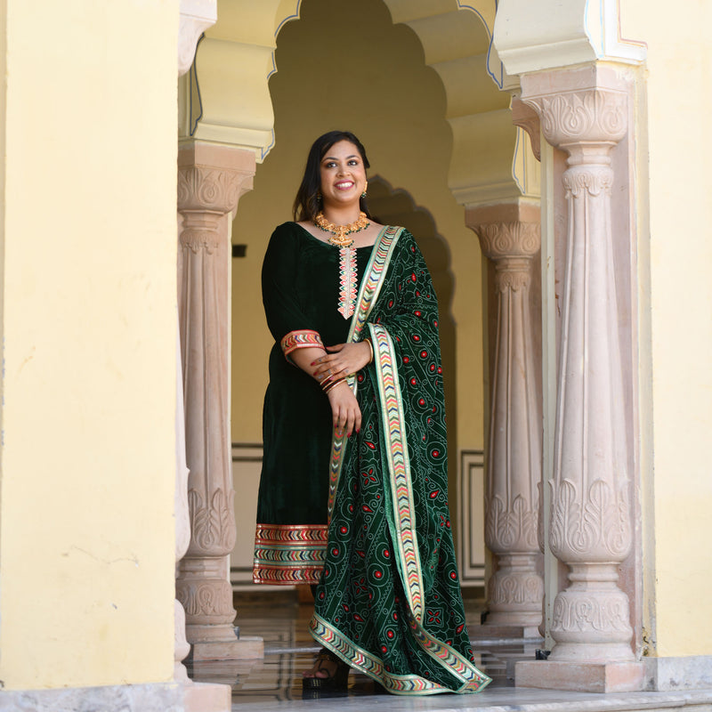 Palm Green Bandhani Velvet Kurta
