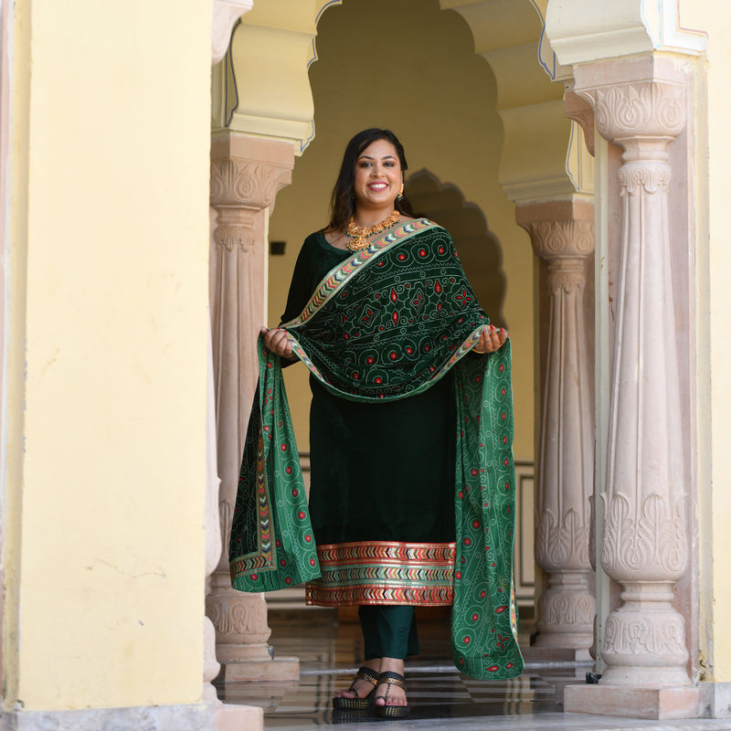 Palm Green Bandhani Velvet Kurta