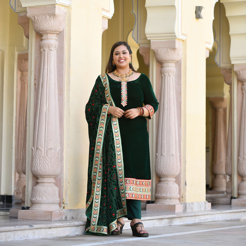 Palm Green Bandhani Velvet Kurta