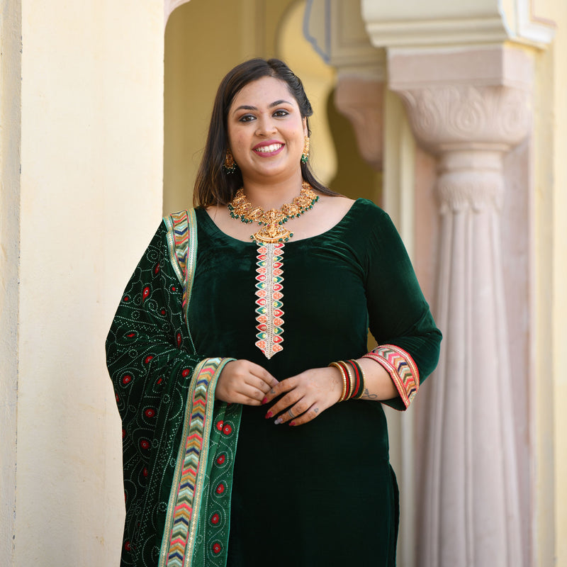 Palm Green Bandhani Velvet Kurta