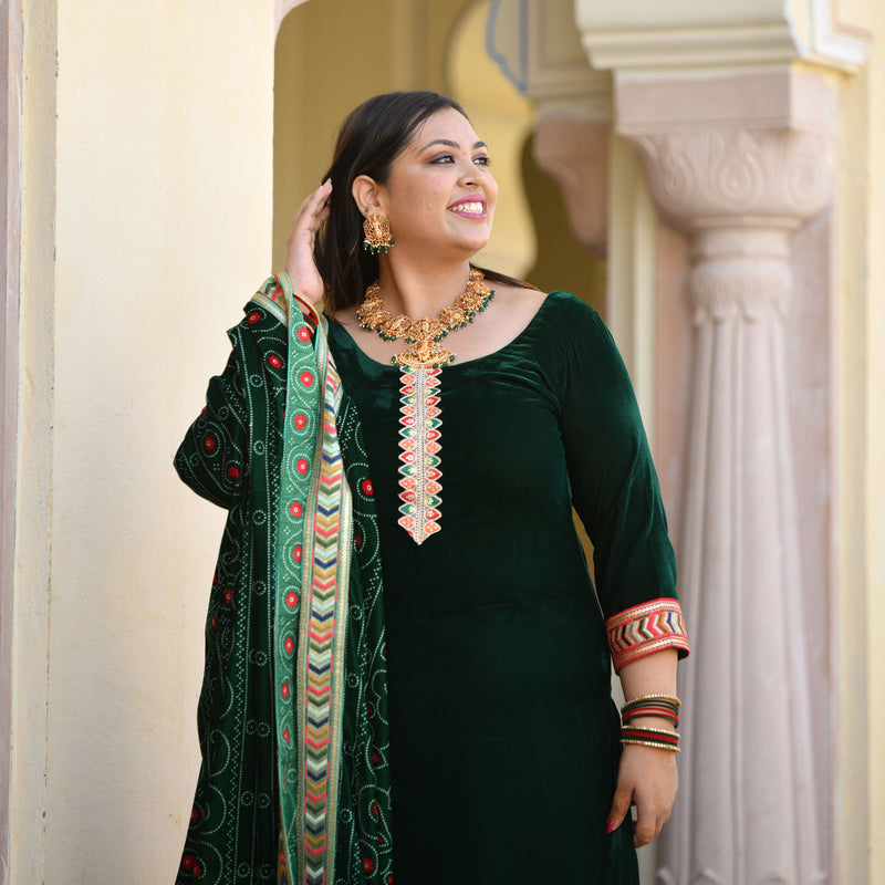 Palm Green Bandhani Velvet Kurta