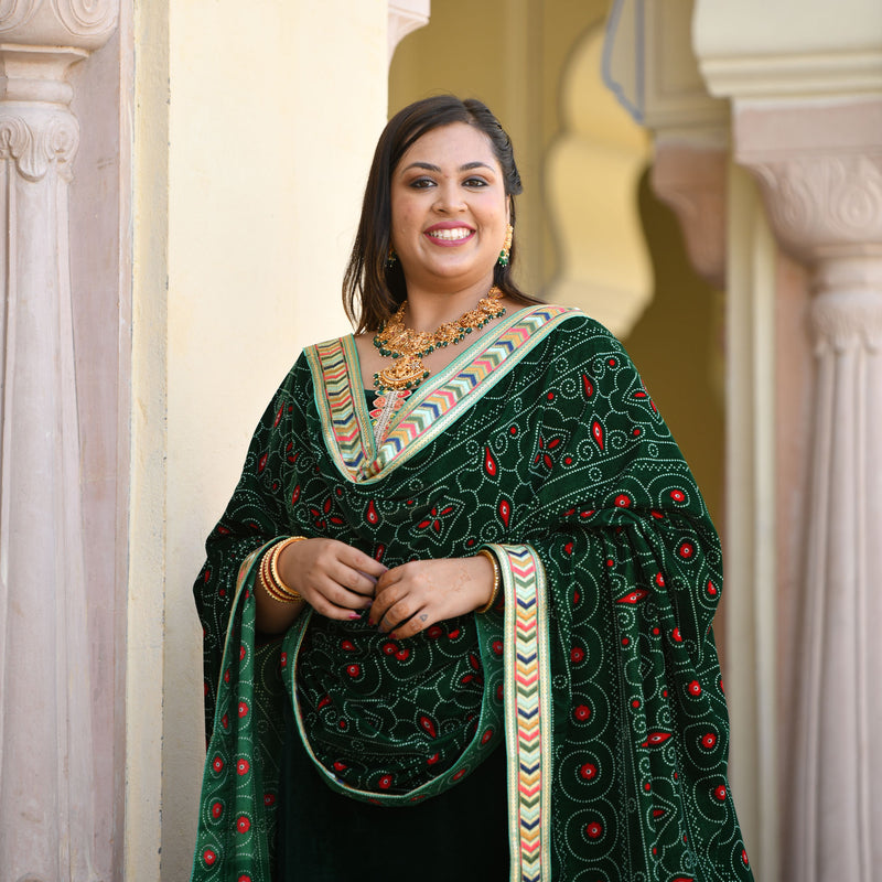 Palm Green Bandhani Velvet Kurta