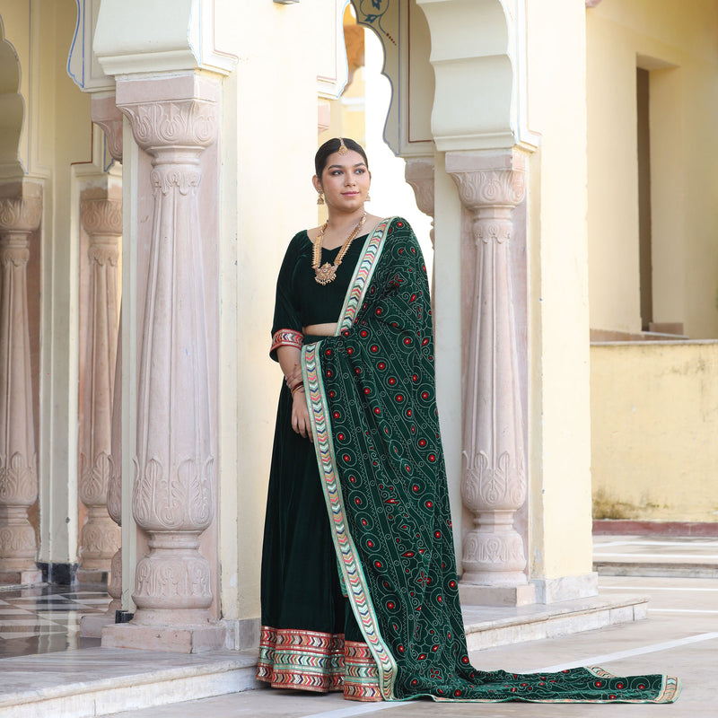 Palm Green Bandhani Velvet Lehenga set