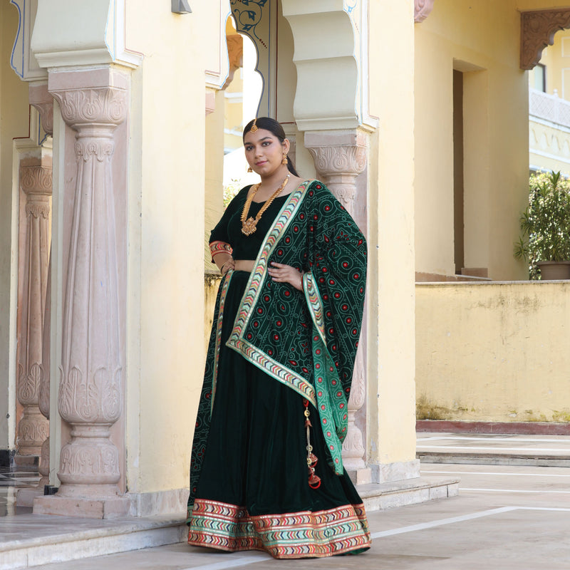 Palm Green Bandhani Velvet Lehenga set