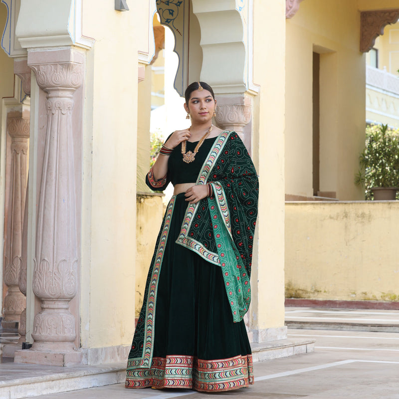 Palm Green Bandhani Velvet Lehenga set