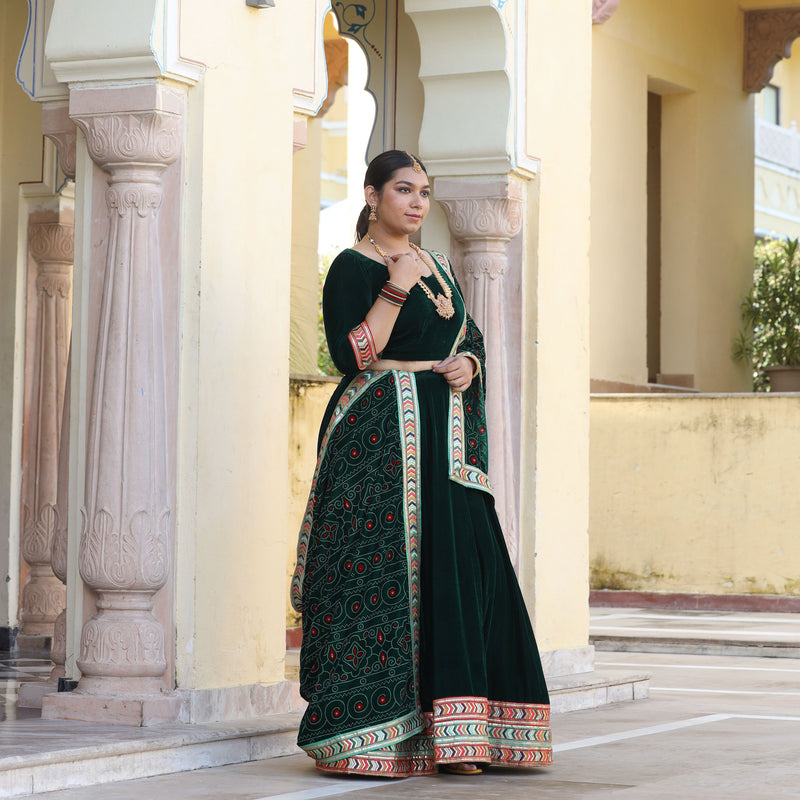 Palm Green Bandhani Velvet Lehenga set