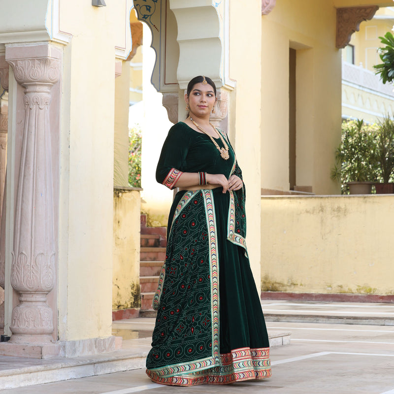 Palm Green Bandhani Velvet Lehenga set