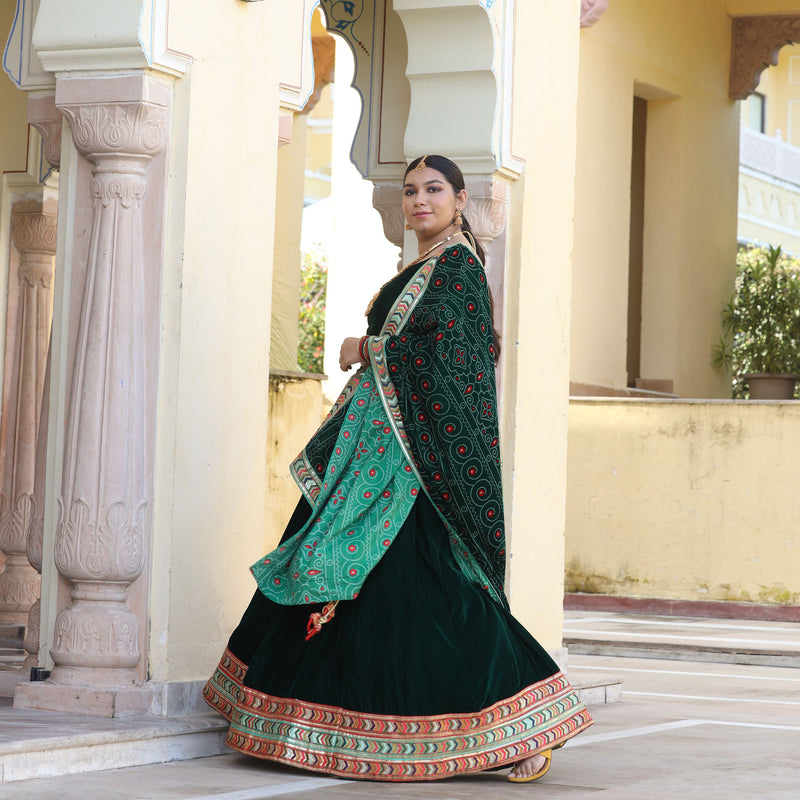 Palm Green Bandhani Velvet Lehenga set