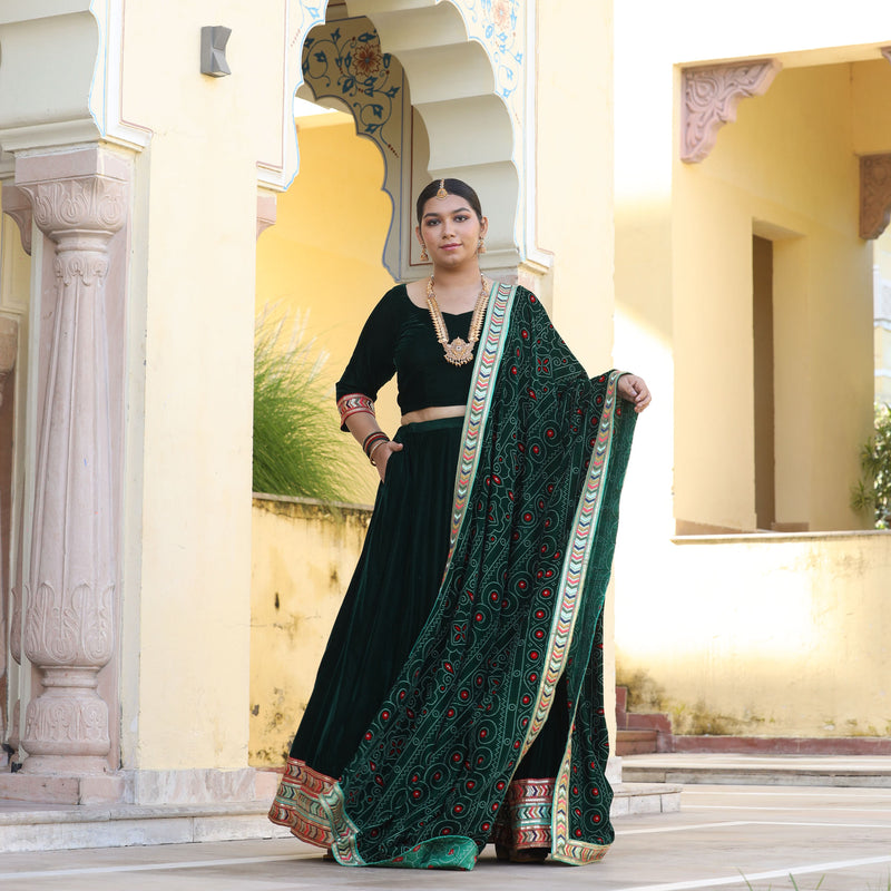 Palm Green Bandhani Velvet Lehenga set