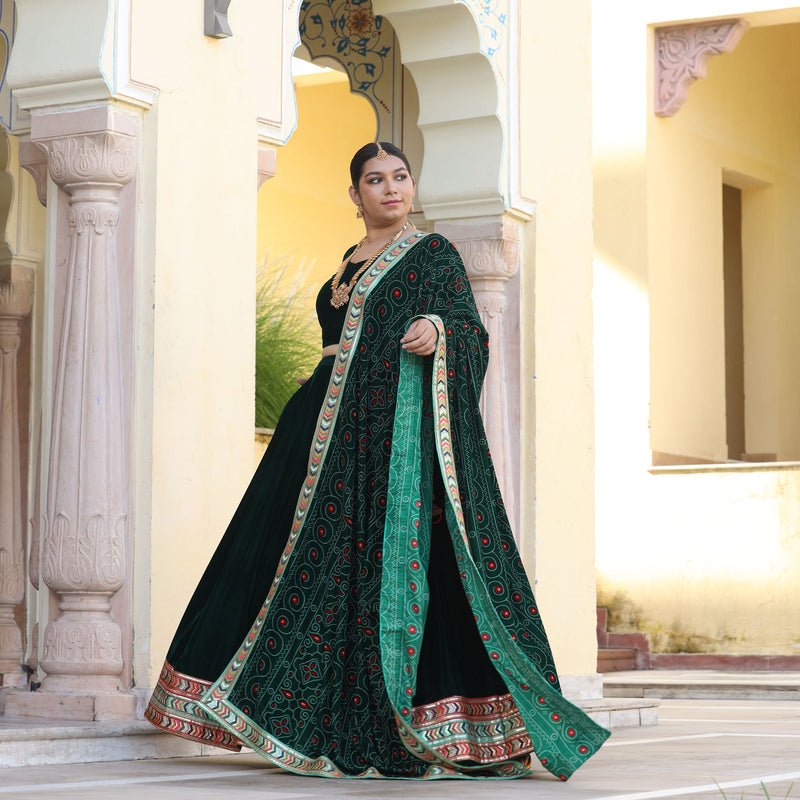 Palm Green Bandhani Velvet Lehenga set