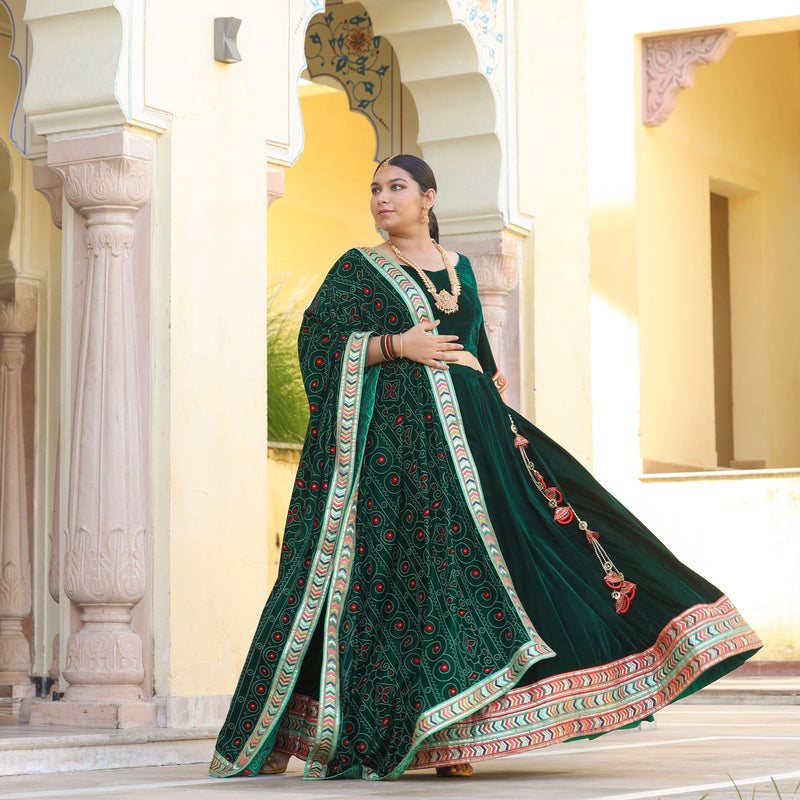 Palm Green Bandhani Velvet Lehenga set