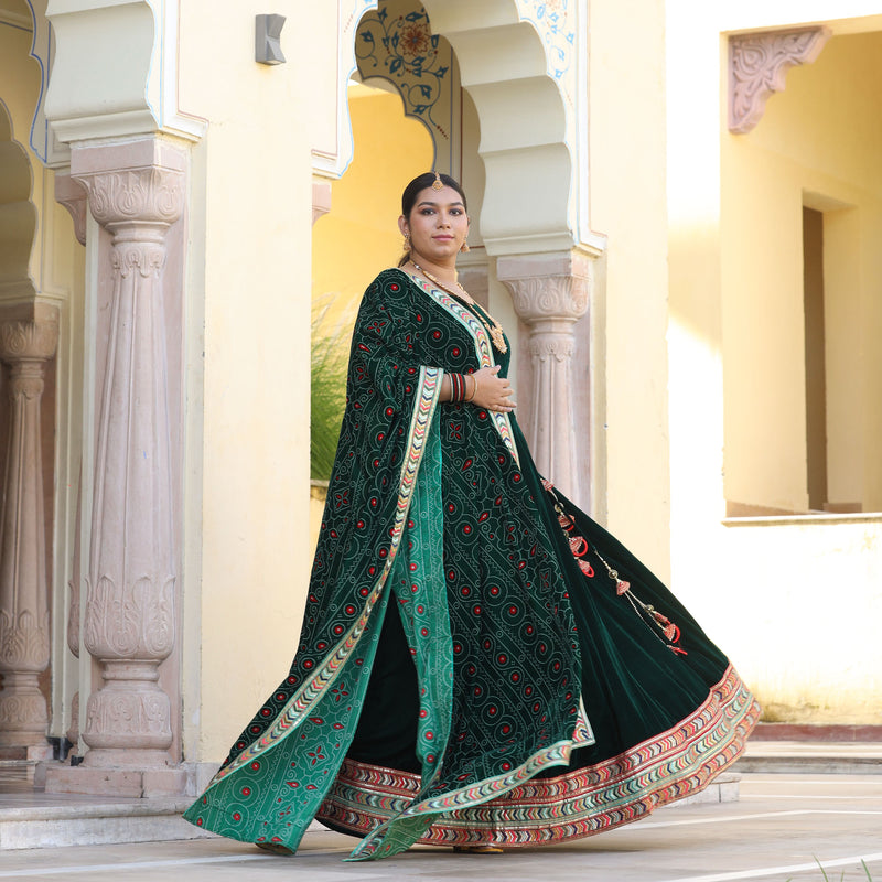 Palm Green Bandhani Velvet Lehenga set