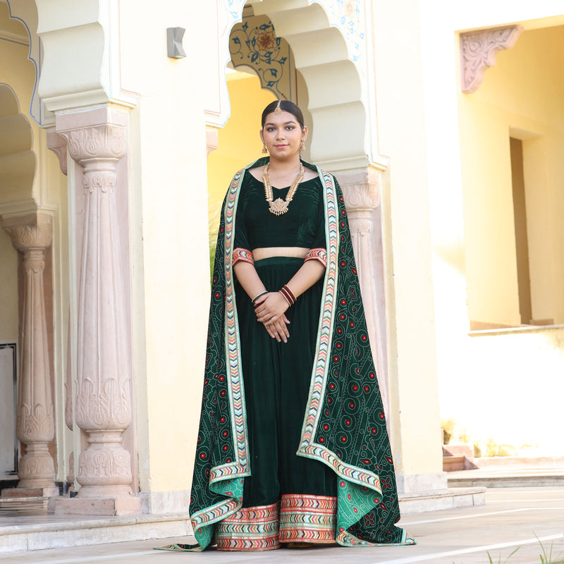 Palm Green Bandhani Velvet Lehenga set